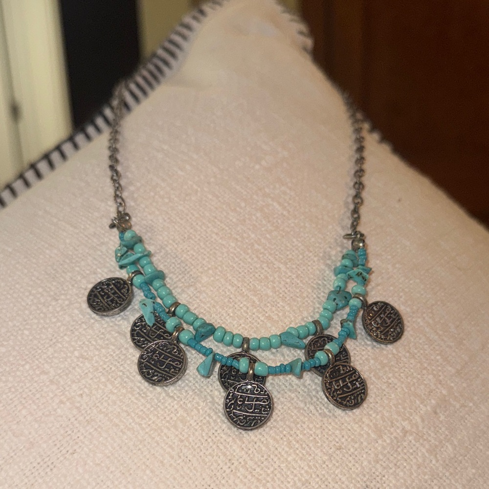 Turquoise and Silver Coin Necklace